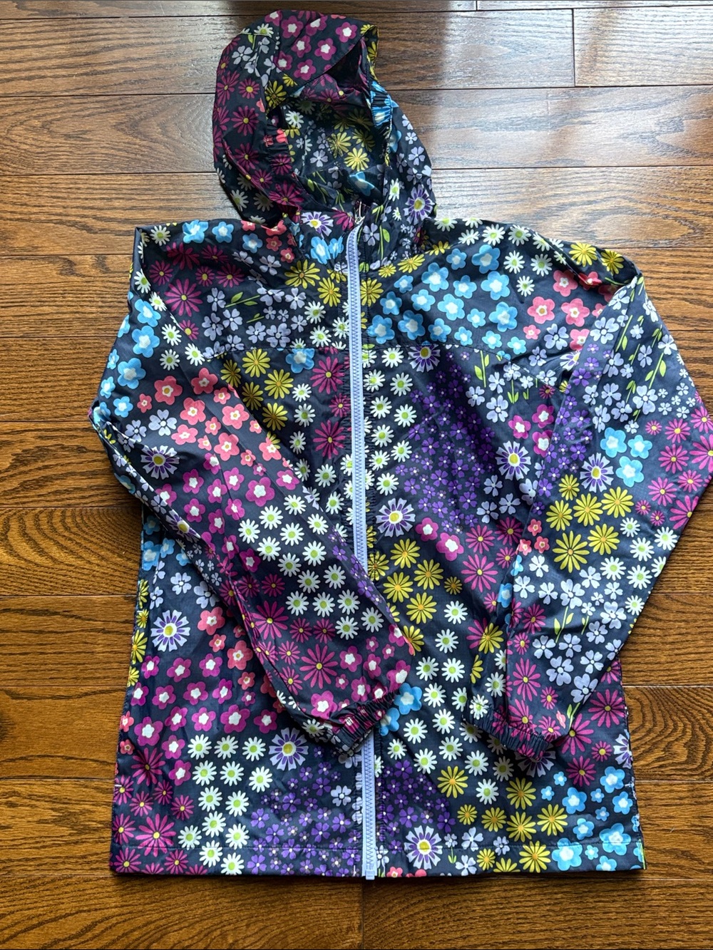 Lands' End Kids Floral Raincoat in Black with Pink, Yellow, Blue, Purple Accents